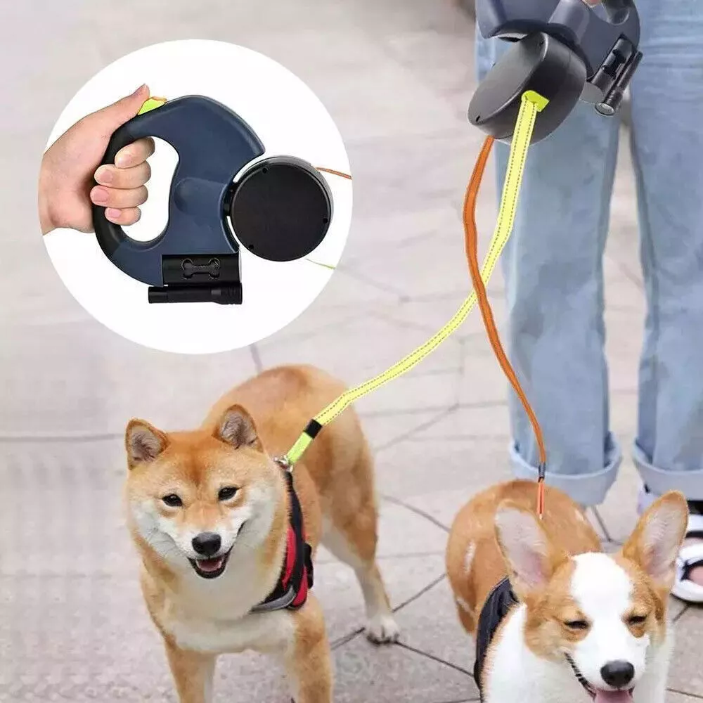 Dual Retractable Dog Walking Leash – Reflective 360° Swivel for Two Dogs
