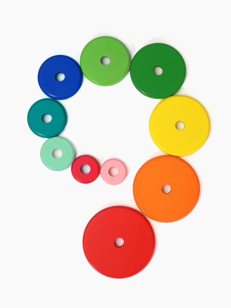 Large Wooden Tower of Hanoi - Educational Toy for Kids colorful discs arranged in a spiral for fun learning.