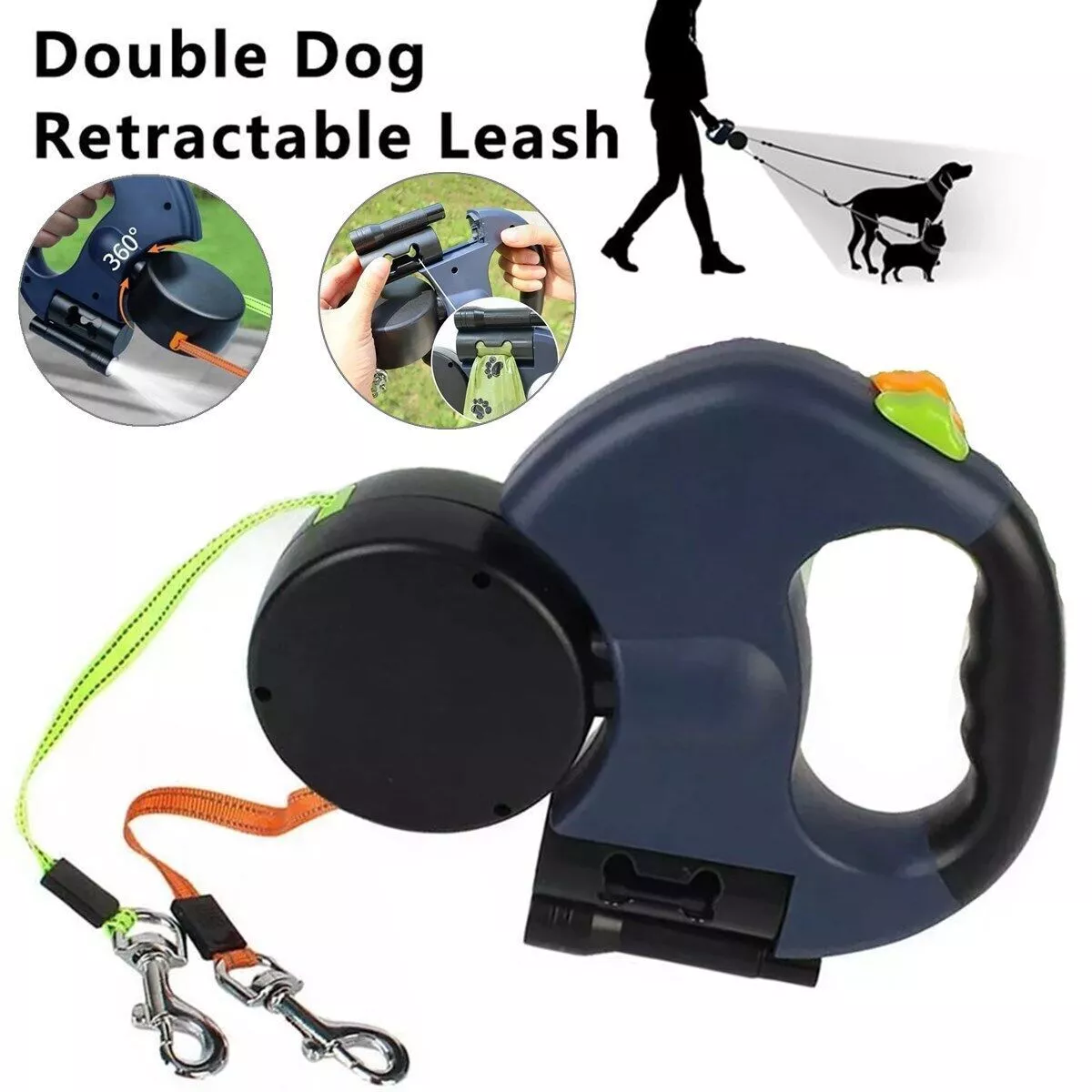 Dual Retractable Dog Walking Leash – Reflective 360° Swivel for Two Dogs