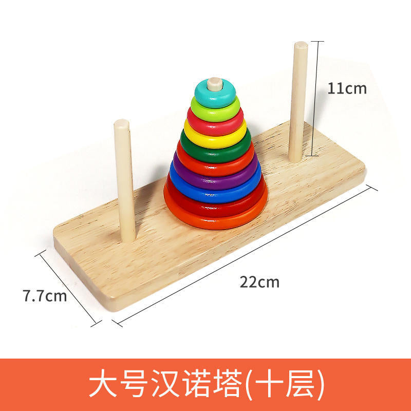 Large Wooden Tower of Hanoi - Educational Toy for Kids displayed with colorful discs on a wooden base.