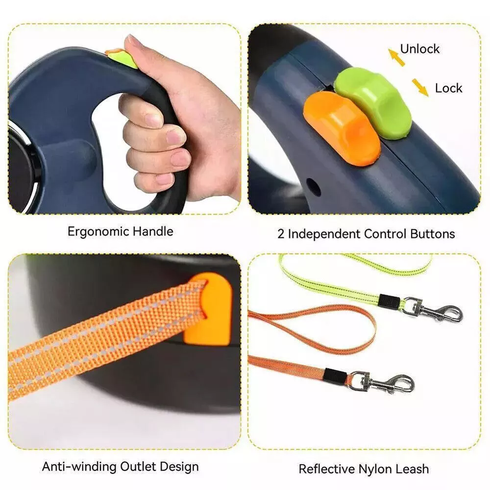 Dual Retractable Dog Walking Leash – Reflective 360° Swivel for Two Dogs