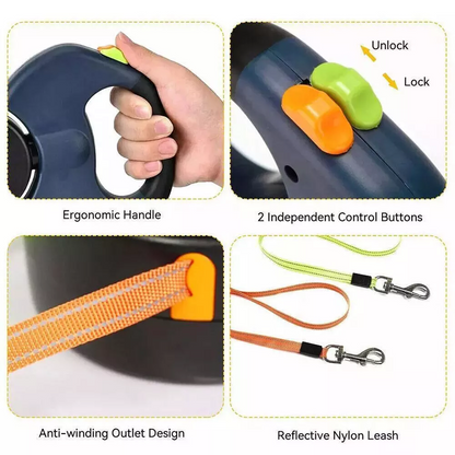 Dual Retractable Dog Walking Leash – Reflective 360° Swivel for Two Dogs
