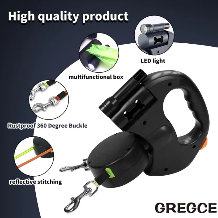 Dual Retractable Dog Leash – Reflective 360° Swivel for Two Dogs