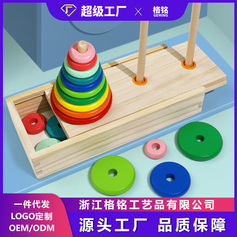 Large Wooden Tower of Hanoi - Educational Toy for Kids featuring colorful discs and pegs.