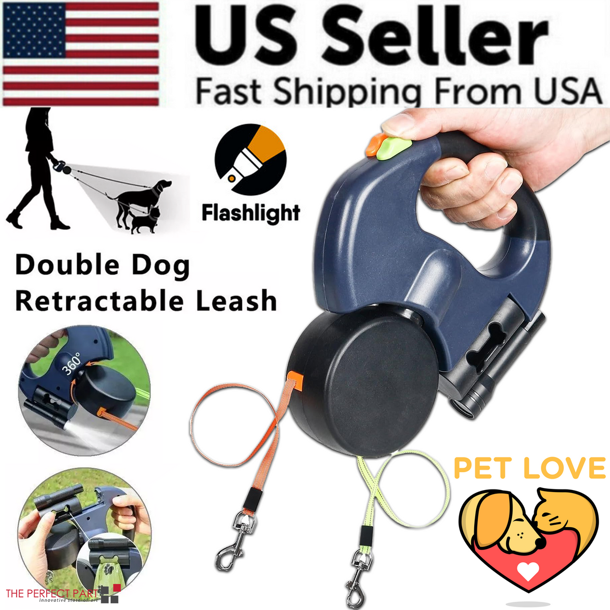 Dual Retractable Dog Walking Leash – Reflective 360° Swivel for Two Dogs